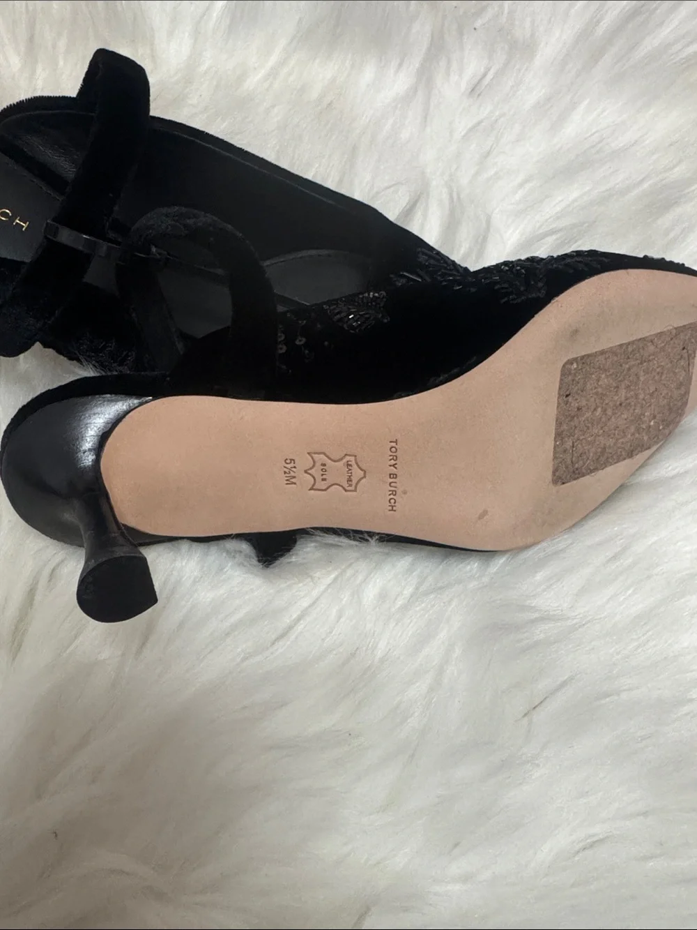 Tory Burch Black Velvet Pointed Slingback Heels with Bead Detail